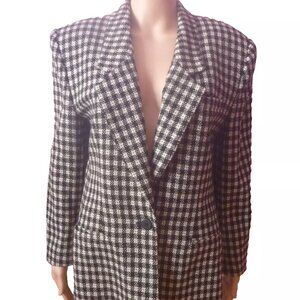Jones New York Women 100% Pure Wool Black White Blazer 10 Checkered Lapel Single